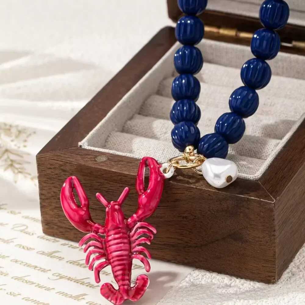 Large Navy, Red & Pearl Lobster Statement Necklace‎ (NEW & SO CUTE!)
